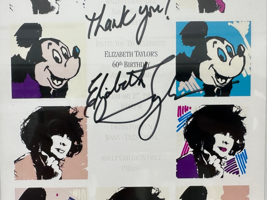 Rare Elizabeth Taylor Autographed Invitation & RSVP Card Designed By Andy Warhol For Her 60th Birthday Party At Disneyland Resort On February 27, 1992 8PM Framed 22 X 15 [Photo 4]