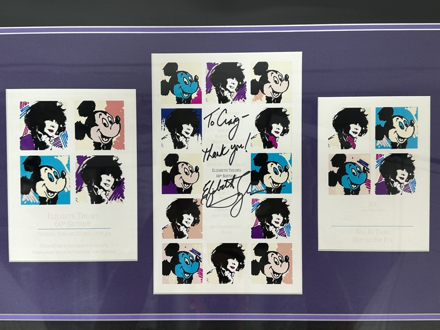 Rare Elizabeth Taylor Autographed Invitation & RSVP Card Designed By Andy Warhol For Her 60th Birthday Party At Disneyland Resort On February 27, 1992 8PM Framed 22 X 15 [Photo 10]