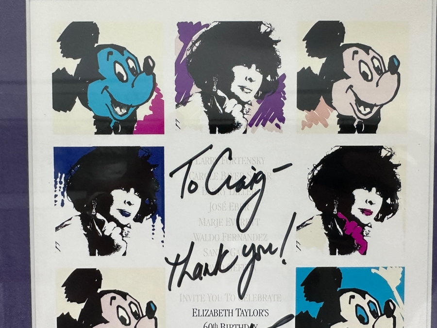 Rare Elizabeth Taylor Autographed Invitation & RSVP Card Designed By Andy Warhol For Her 60th Birthday Party At Disneyland Resort On February 27, 1992 8PM Framed 22 X 15 [Photo 3]