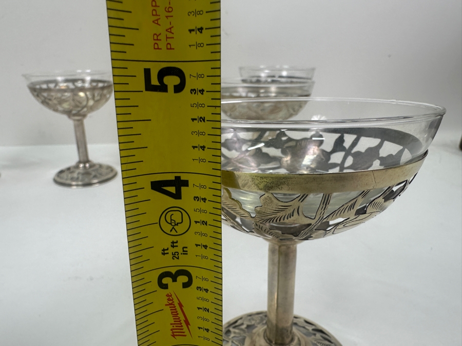 Just Added - Sterling Silver Overlay Sherbet Stemware Glasses Marked 925 Mexico 4.5'H - Sterling Silver Weight 299.4 Sterling Melt Value $347 [Photo 9]