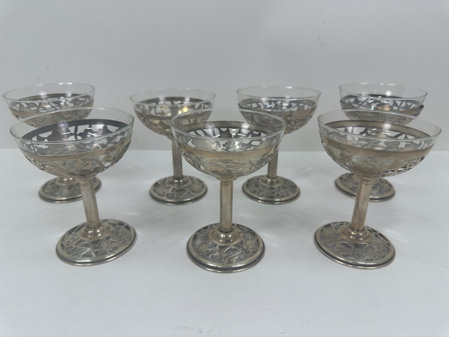 Just Added - Sterling Silver Overlay Sherbet Stemware Glasses Marked 925 Mexico 4.5'H - Sterling Silver Weight 299.4 Sterling Melt Value $347 [Photo 6]