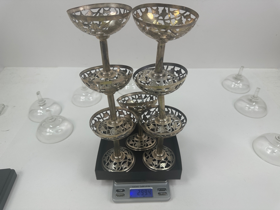 Just Added - Sterling Silver Overlay Sherbet Stemware Glasses Marked 925 Mexico 4.5'H - Sterling Silver Weight 299.4 Sterling Melt Value $347 [Photo 11]