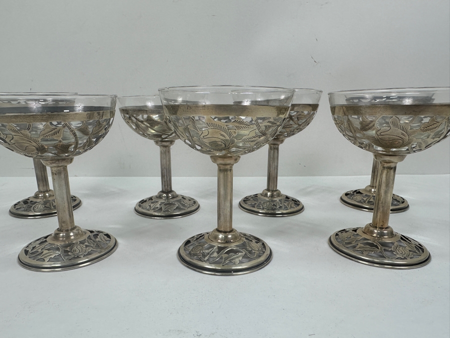 Just Added - Sterling Silver Overlay Sherbet Stemware Glasses Marked 925 Mexico 4.5'H - Sterling Silver Weight 299.4 Sterling Melt Value $347 [Photo 5]