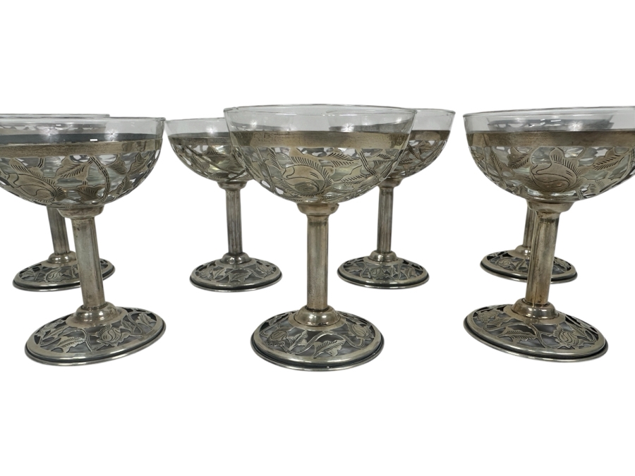 Just Added - Sterling Silver Overlay Sherbet Stemware Glasses Marked 925 Mexico 4.5'H - Sterling Silver Weight 299.4 Sterling Melt Value $347