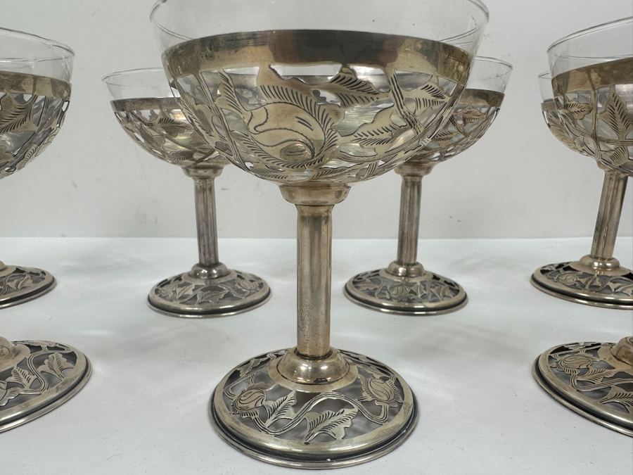 Just Added - Sterling Silver Overlay Sherbet Stemware Glasses Marked 925 Mexico 4.5'H - Sterling Silver Weight 299.4 Sterling Melt Value $347 [Photo 3]