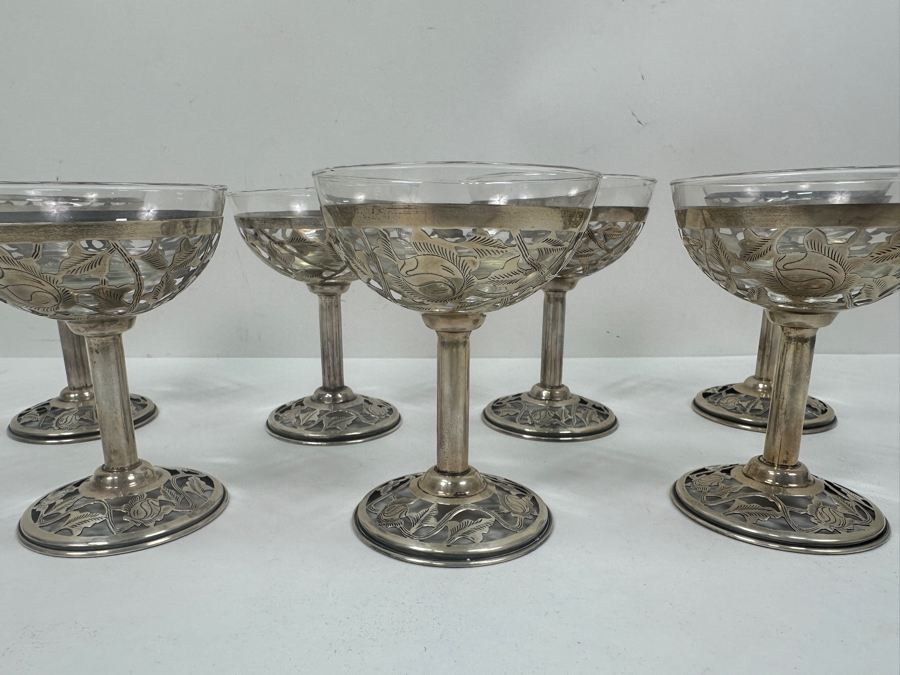 Just Added - Sterling Silver Overlay Sherbet Stemware Glasses Marked 925 Mexico 4.5'H - Sterling Silver Weight 299.4 Sterling Melt Value $347 [Photo 4]