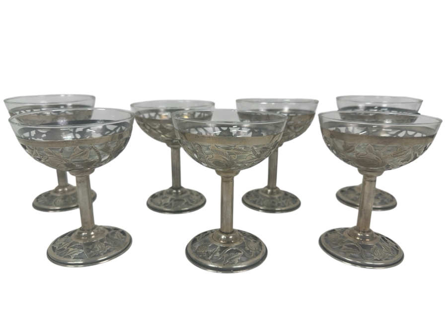 Just Added - Sterling Silver Overlay Sherbet Stemware Glasses Marked 925 Mexico 4.5'H - Sterling Silver Weight 299.4 Sterling Melt Value $347 [Photo 2]