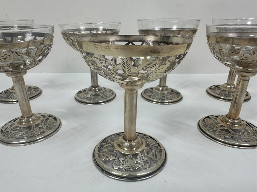 Just Added - Sterling Silver Overlay Sherbet Stemware Glasses Marked 925 Mexico 4.5'H - Sterling Silver Weight 299.4 Sterling Melt Value $347 [Photo 7]
