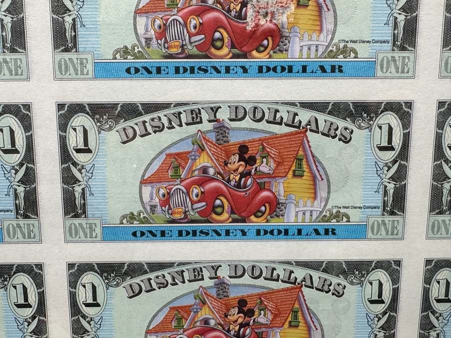Vintage 1993 Limited Edition Mint Uncut Sheet Of (18) Mickey Mouse's 65th Anniversary $1 Disney Dollars Displayed In Clear Lucite Frame 23.5W X 23H [Photo 11]
