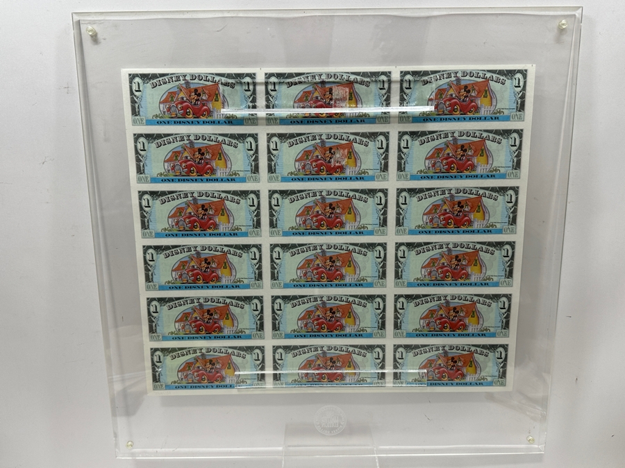 Vintage 1993 Limited Edition Mint Uncut Sheet Of (18) Mickey Mouse's 65th Anniversary $1 Disney Dollars Displayed In Clear Lucite Frame 23.5W X 23H [Photo 9]