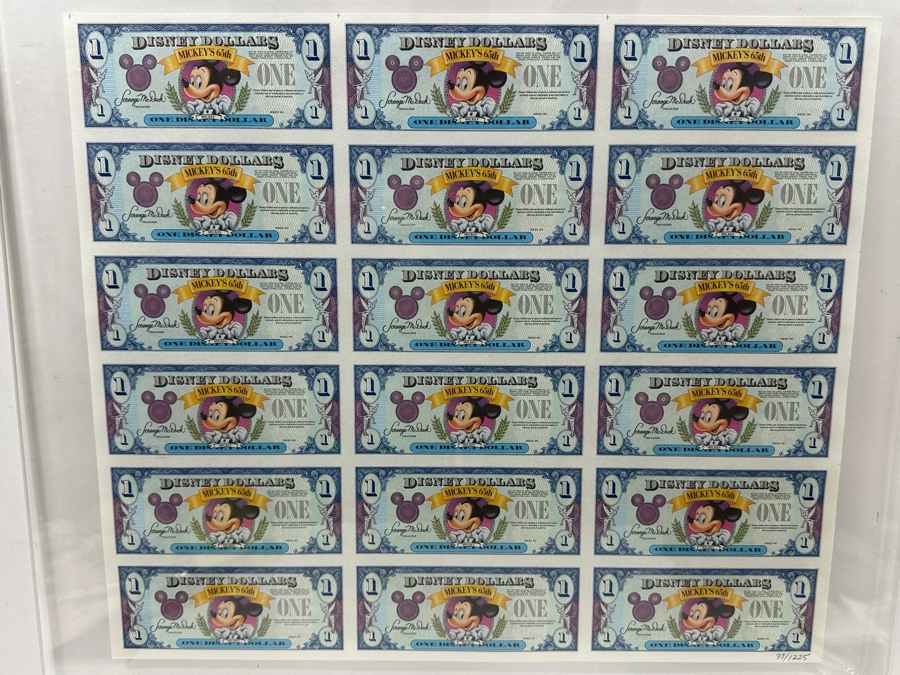 Vintage 1993 Limited Edition Mint Uncut Sheet Of (18) Mickey Mouse's 65th Anniversary $1 Disney Dollars Displayed In Clear Lucite Frame 23.5W X 23H [Photo 2]