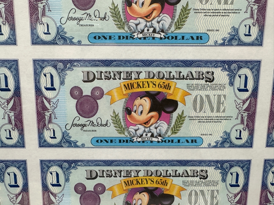 Vintage 1993 Limited Edition Mint Uncut Sheet Of (18) Mickey Mouse's 65th Anniversary $1 Disney Dollars Displayed In Clear Lucite Frame 23.5W X 23H [Photo 4]