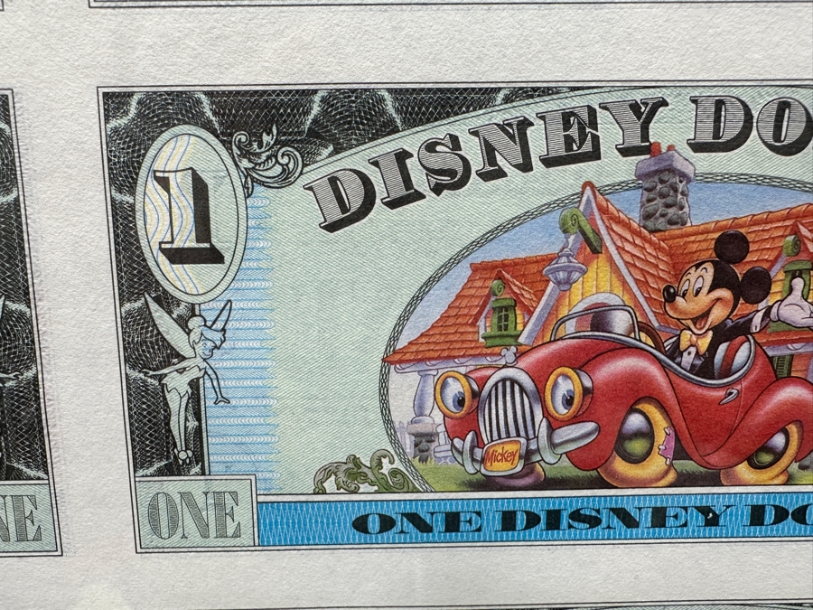 Vintage 1993 Limited Edition Mint Uncut Sheet Of (18) Mickey Mouse's 65th Anniversary $1 Disney Dollars Displayed In Clear Lucite Frame 23.5W X 23H [Photo 14]
