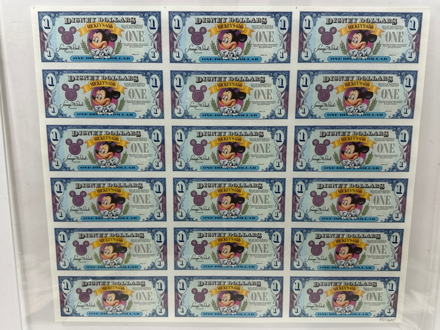 Vintage 1993 Limited Edition Mint Uncut Sheet Of (18) Mickey Mouse's 65th Anniversary $1 Disney Dollars Displayed In Clear Lucite Frame 23.5W X 23H [Photo 3]
