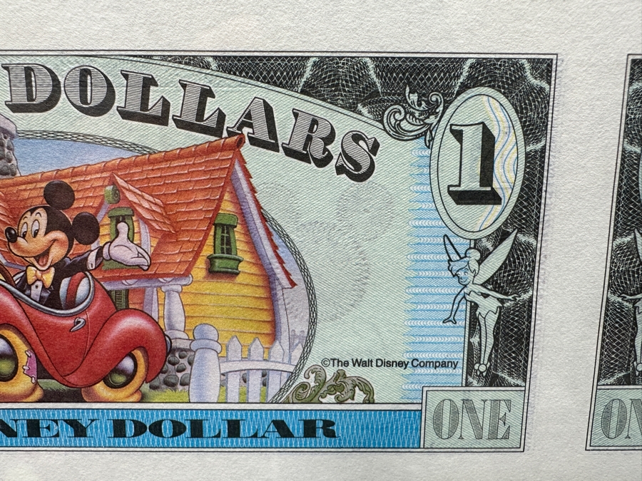 Vintage 1993 Limited Edition Mint Uncut Sheet Of (18) Mickey Mouse's 65th Anniversary $1 Disney Dollars Displayed In Clear Lucite Frame 23.5W X 23H [Photo 13]