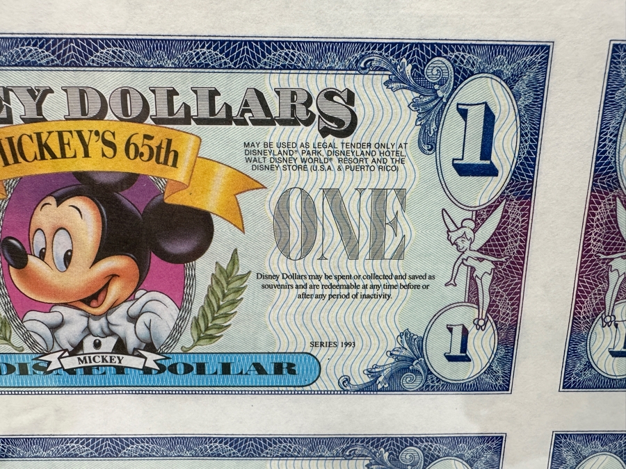 Vintage 1993 Limited Edition Mint Uncut Sheet Of (18) Mickey Mouse's 65th Anniversary $1 Disney Dollars Displayed In Clear Lucite Frame 23.5W X 23H [Photo 7]
