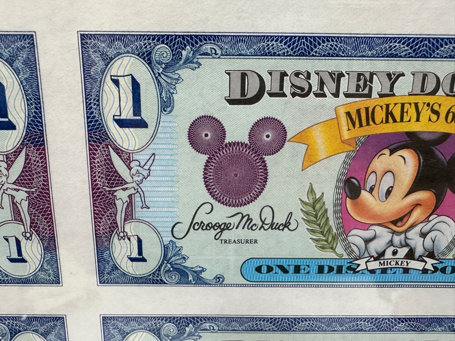 Vintage 1993 Limited Edition Mint Uncut Sheet Of (18) Mickey Mouse's 65th Anniversary $1 Disney Dollars Displayed In Clear Lucite Frame 23.5W X 23H [Photo 5]