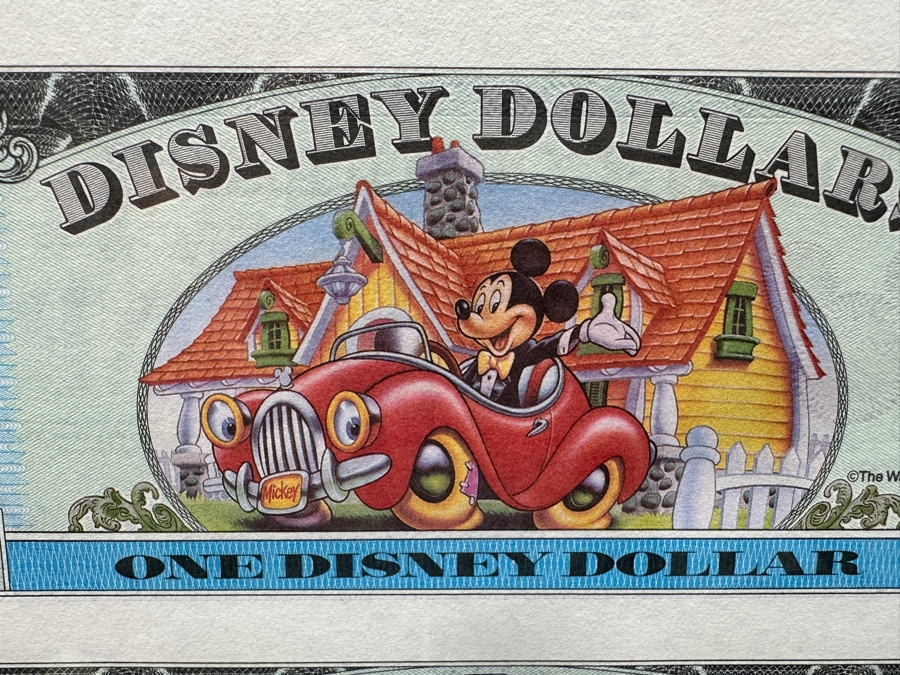 Vintage 1993 Limited Edition Mint Uncut Sheet Of (18) Mickey Mouse's 65th Anniversary $1 Disney Dollars Displayed In Clear Lucite Frame 23.5W X 23H [Photo 12]