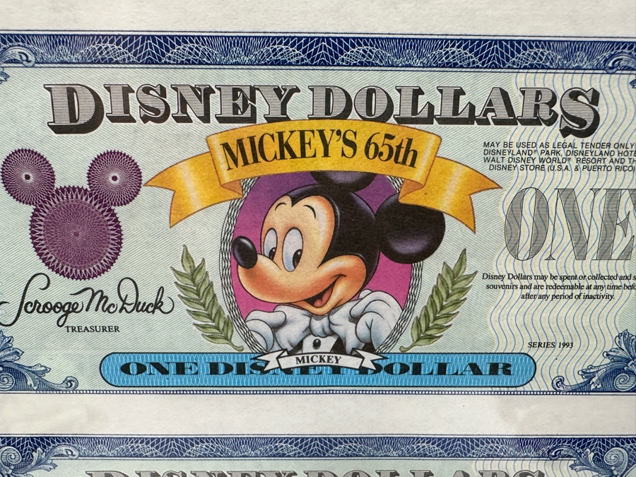 Vintage 1993 Limited Edition Mint Uncut Sheet Of (18) Mickey Mouse's 65th Anniversary $1 Disney Dollars Displayed In Clear Lucite Frame 23.5W X 23H [Photo 6]
