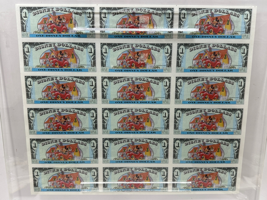 Vintage 1993 Limited Edition Mint Uncut Sheet Of (18) Mickey Mouse's 65th Anniversary $1 Disney Dollars Displayed In Clear Lucite Frame 23.5W X 23H [Photo 10]