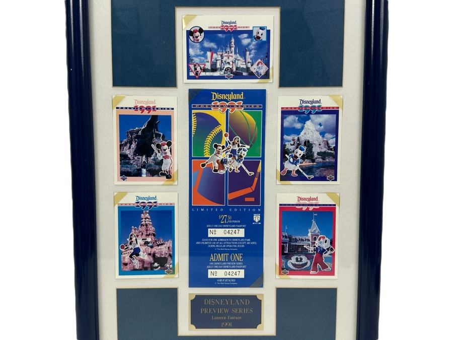 Vintage 1991 Framed Disneyland Limited Edition Preview Series Cards And Unused Limited Edition Disneyland Passport Ticket 12.5 X 19