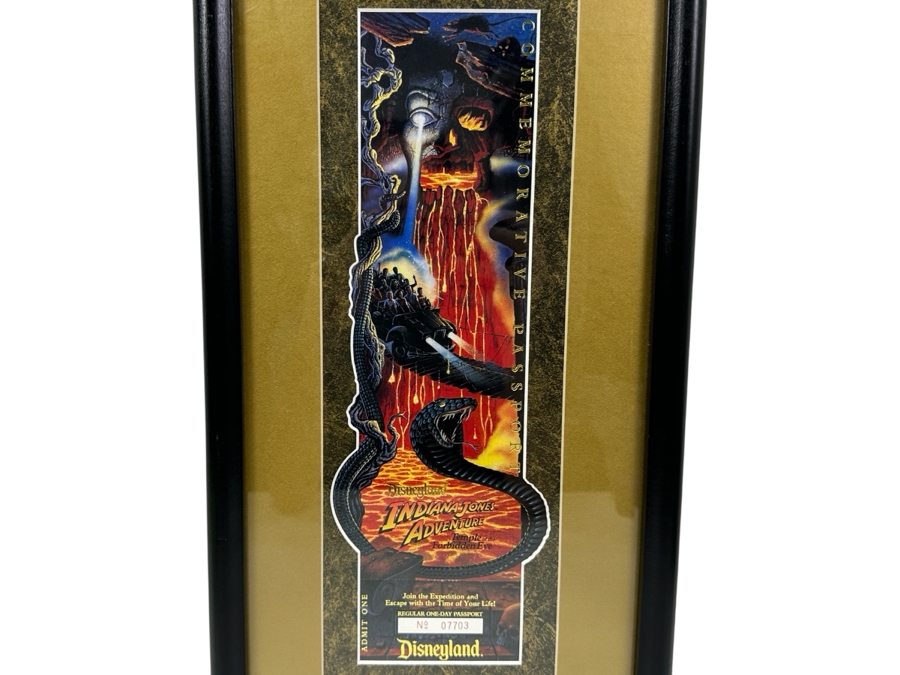 Vintage 1995 Framed Disneyland Unused Indiana Jones Adventure Temple Of The Forbidden Eye Commemorative Passport Ticket 11 X 22