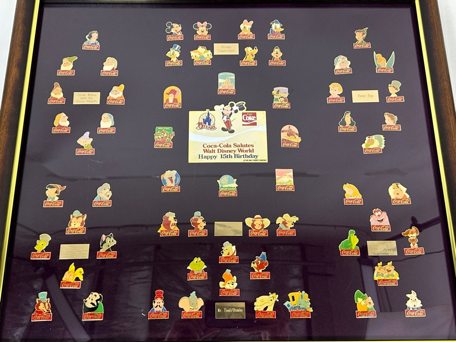 Walt Disney World Coca-Cola 15 Years Anniversay Disney Trading Pins - 60 Pins Framed 26 X 22