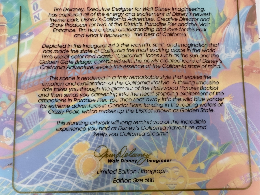 Tim Delaney (Executive Designer For Walt Disney Imagineering) Disney's California Adventure Limited Edition Lithograph Hand Signed By Tim Delaney Numbered 2 Of 500 17 X 17 Framed 24.5 X 26 [Photo 11]