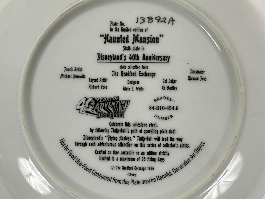 Disneyland 'Haunted Mansion' Limited Edition Plate Celebrating Disneyland's 40th Anniversary 1996 Bradford Exchange 8'W [Photo 6]
