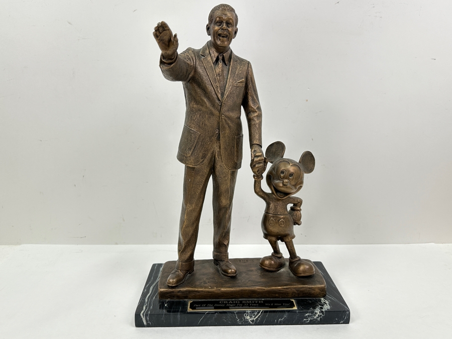Walt Disney And Mickey Mouse Resin Partners Statue By Blaine Gibson Presented To Disneyland Cast Member Craig Smith 'Part Of The Disney Magic For 33 Years... We'll Miss You! May 2001' 10W X 5.5D X 14.5H [Photo 10]