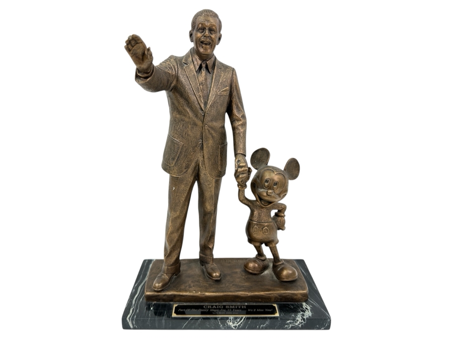 Walt Disney And Mickey Mouse Resin Partners Statue By Blaine Gibson Presented To Disneyland Cast Member Craig Smith 'Part Of The Disney Magic For 33 Years... We'll Miss You! May 2001' 10W X 5.5D X 14.5H
