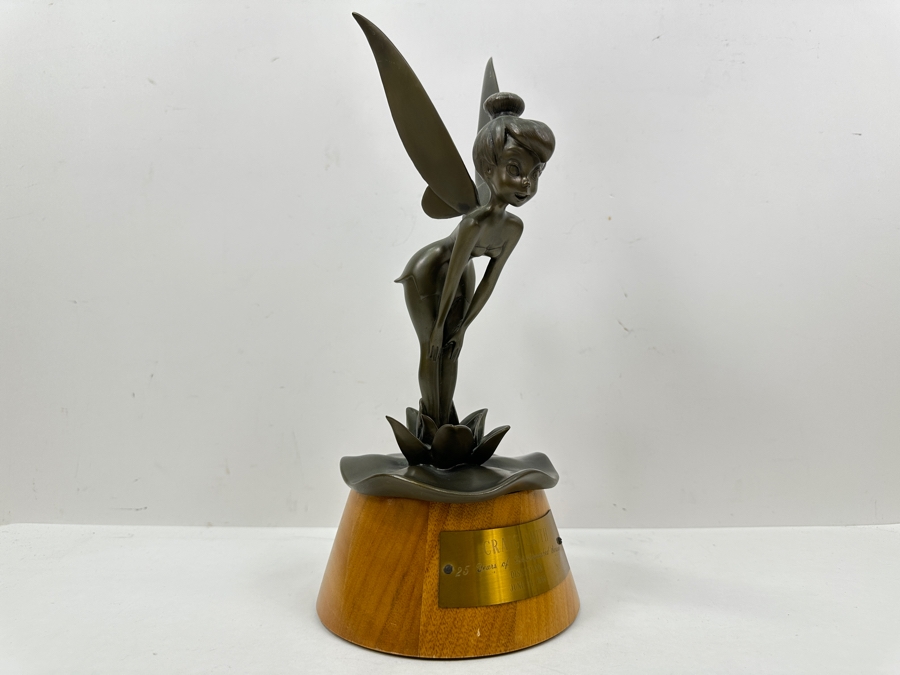Rare Disneyland Cast Member 25 Years Of Distinguished Service Award Bronze Tinker Bell Sculpture On Wooden Base 'Craig Smith 25 Years Of Distinguished Service Disneyland June 24, 1968' 13.5H [Photo 3]