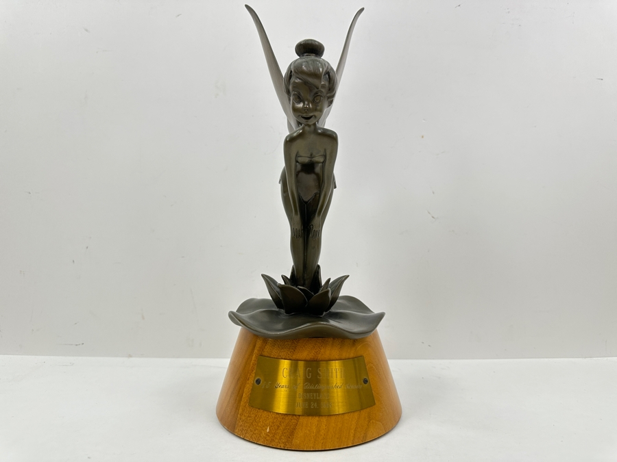 Rare Disneyland Cast Member 25 Years Of Distinguished Service Award Bronze Tinker Bell Sculpture On Wooden Base 'Craig Smith 25 Years Of Distinguished Service Disneyland June 24, 1968' 13.5H [Photo 2]