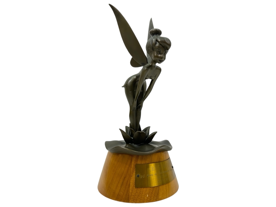 Rare Disneyland Cast Member 25 Years Of Distinguished Service Award Bronze Tinker Bell Sculpture On Wooden Base 'Craig Smith 25 Years Of Distinguished Service Disneyland June 24, 1968' 13.5H