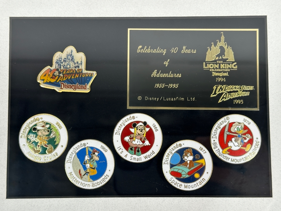 Disneyland Trading Pins Celebrating 40 Years Of Adventures 1955-95 Disney/Lucasfilm Lion King Celebration Disneyland '94 & Indiana Jones Adventures '95: Jungle Cruise, Matterhorn Bobsleds, It's A Small World, Space Mountain & Big Thunder Mountain Railroad [Photo 4]