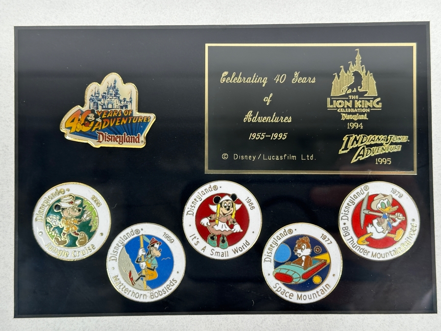 Disneyland Trading Pins Celebrating 40 Years Of Adventures 1955-95 Disney/Lucasfilm Lion King Celebration Disneyland '94 & Indiana Jones Adventures '95: Jungle Cruise, Matterhorn Bobsleds, It's A Small World, Space Mountain & Big Thunder Mountain Railroad [Photo 3]