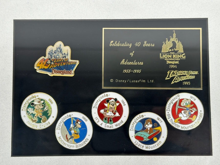 Disneyland Trading Pins Celebrating 40 Years Of Adventures 1955-95 Disney/Lucasfilm Lion King Celebration Disneyland '94 & Indiana Jones Adventures '95: Jungle Cruise, Matterhorn Bobsleds, It's A Small World, Space Mountain & Big Thunder Mountain Railroad [Photo 5]