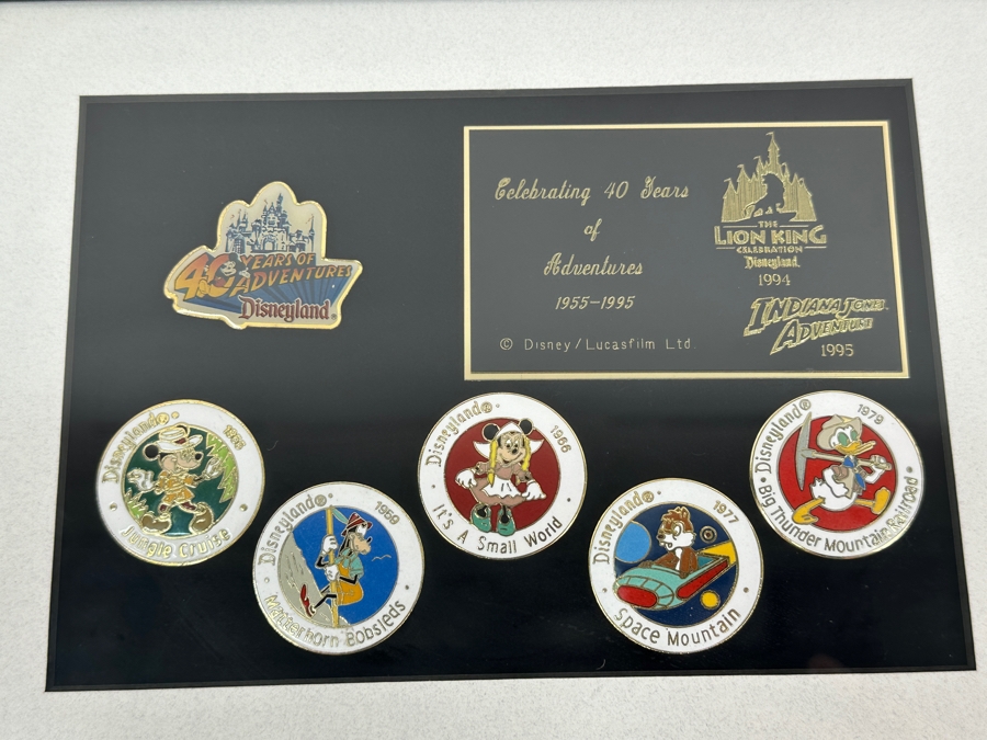 Disneyland Trading Pins Celebrating 40 Years Of Adventures 1955-95 Disney/Lucasfilm Lion King Celebration Disneyland '94 & Indiana Jones Adventures '95: Jungle Cruise, Matterhorn Bobsleds, It's A Small World, Space Mountain & Big Thunder Mountain Railroad [Photo 2]