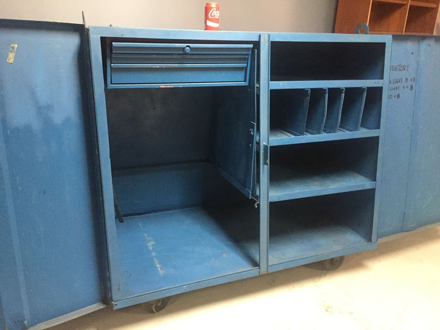 Industrial Blue Metal Cabinet On Casters Used by Post Office During Tax Season [Photo 14]