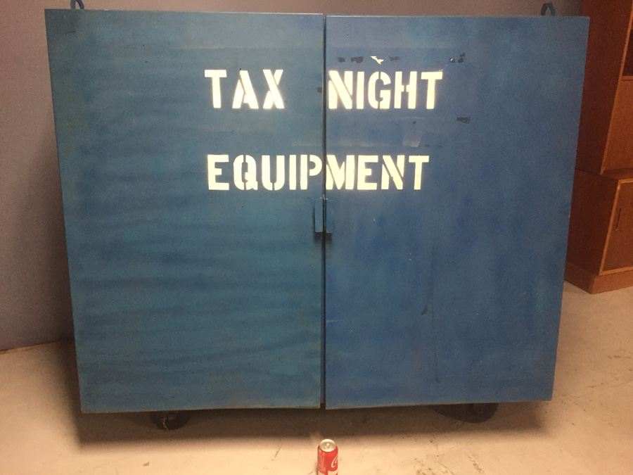 Industrial Blue Metal Cabinet On Casters Used by Post Office During Tax Season [Photo 4]