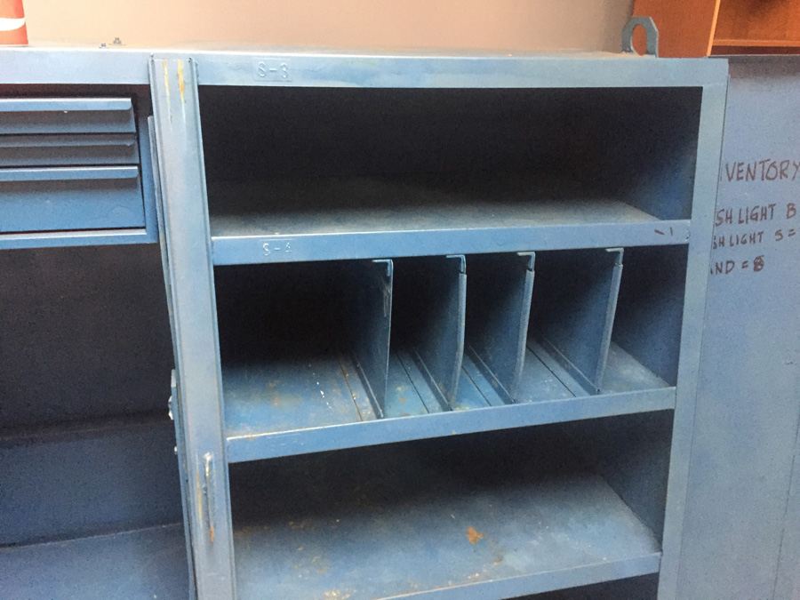 Industrial Blue Metal Cabinet On Casters Used by Post Office During Tax Season [Photo 3]
