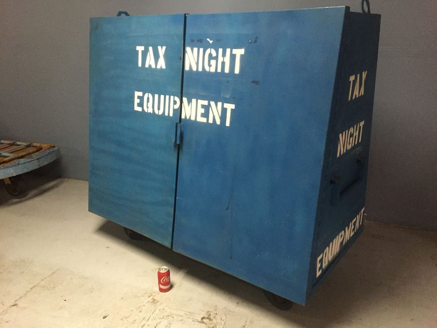Industrial Blue Metal Cabinet On Casters Used by Post Office During Tax Season