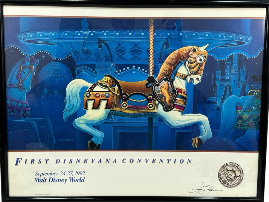 Rare Artist Signed First Disneyana Convention Poster Featuring A Carousel Horse September 24-27, 1998 Walt Disney World Signed By Randy Souders Framed 33.5 X 25.5 [Photo 1]