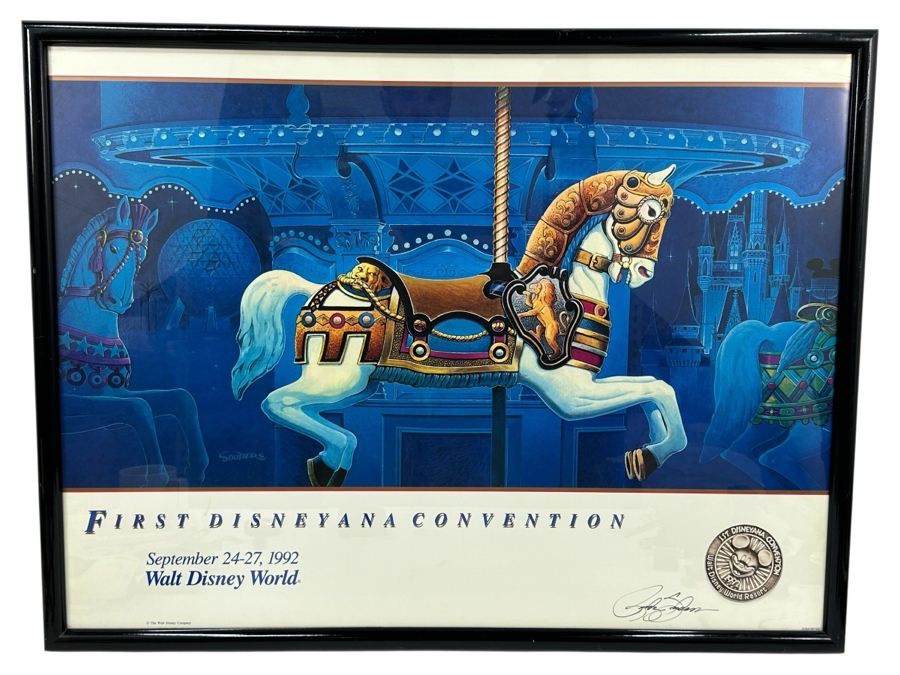 Rare Artist Signed First Disneyana Convention Poster Featuring A Carousel Horse September 24-27, 1998 Walt Disney World Signed By Randy Souders Framed 33.5 X 25.5 [Photo 2]