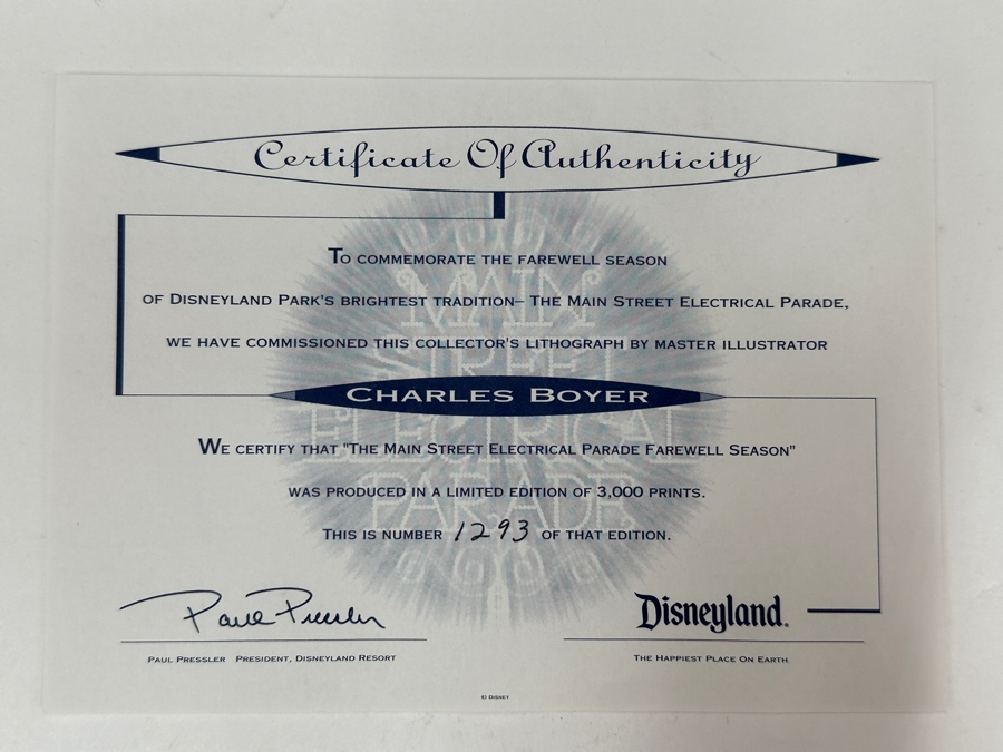 Charles Boyer (1935-2021, American) Limited Edition Artist Signed Lithograph Titled 'The Main Street Electrical Parade Farewell Season' Numbered 1,293 Of 3,000 32.5 X 12 Professionally Framed 41 X 20.5 With Certificate Of Authenticity [Photo 19]