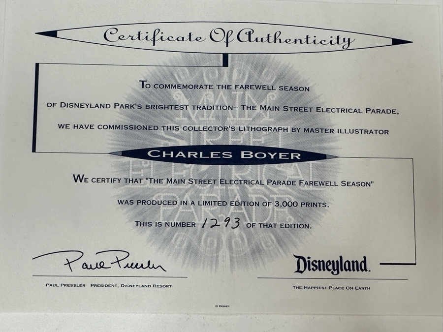 Charles Boyer (1935-2021, American) Limited Edition Artist Signed Lithograph Titled 'The Main Street Electrical Parade Farewell Season' Numbered 1,293 Of 3,000 32.5 X 12 Professionally Framed 41 X 20.5 With Certificate Of Authenticity [Photo 20]