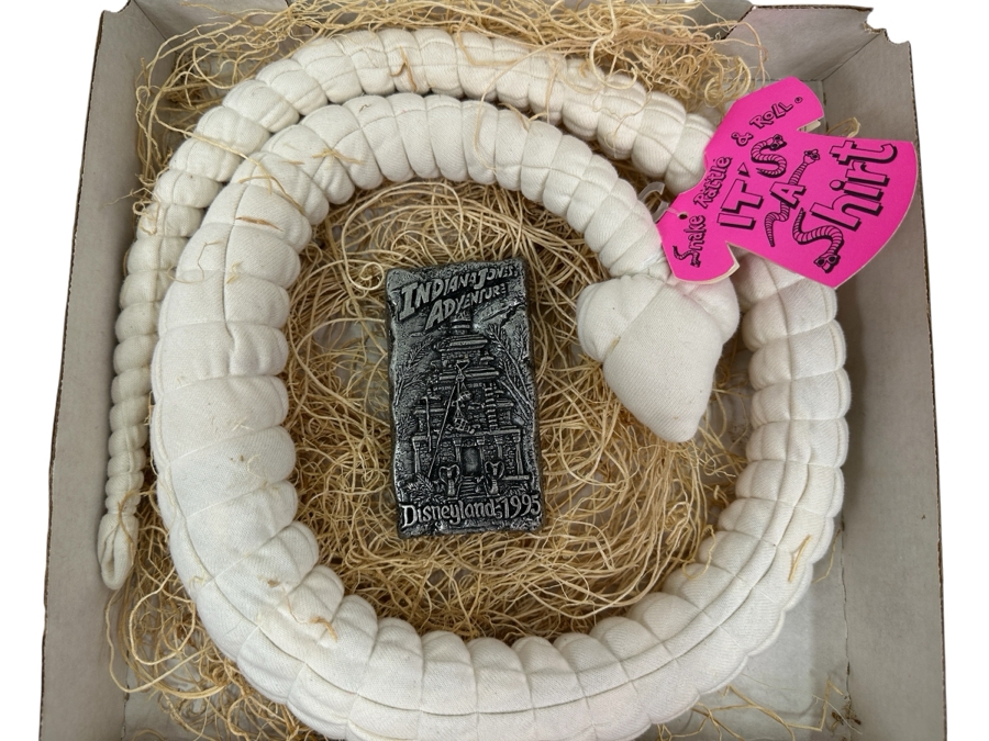 New In Original Box Indiana Jones Adventure Disneyland 1995 Snake That Turns Into A Shirt Adult XL Plus Indiana Jones Adventure Disneyland 1995 Souvenir Paperweight Plaque [Photo 1]