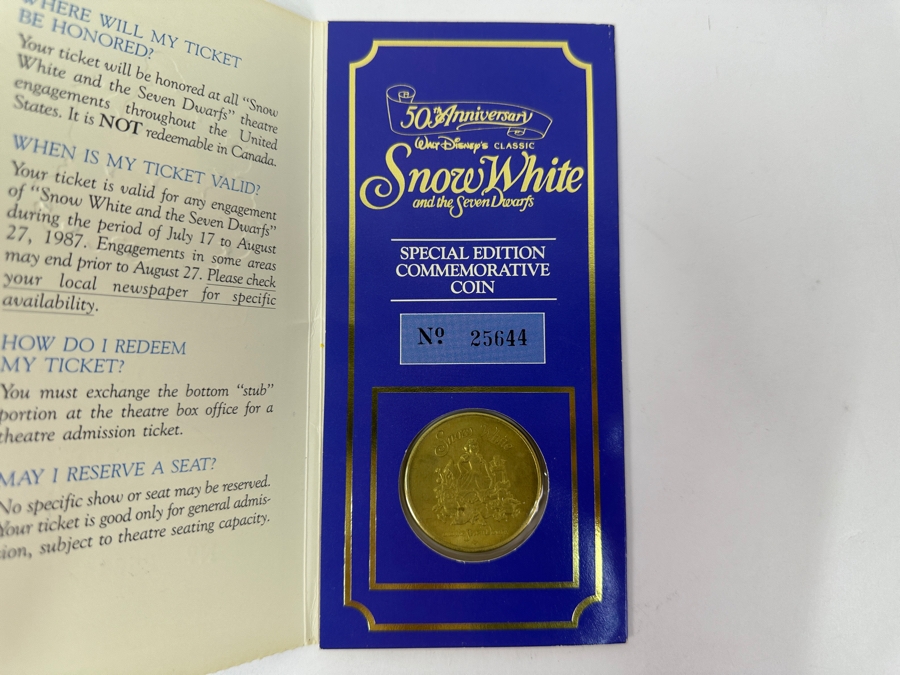 50th Anniversary Walt Disney's Classic Snow White And The Seven Dwarfs Special Edition Commemorative Ticket & Coin 1987 [Photo 6]