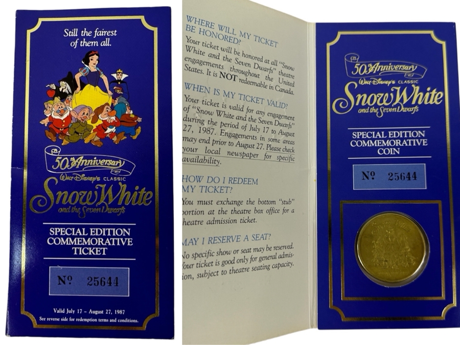 50th Anniversary Walt Disney's Classic Snow White And The Seven Dwarfs Special Edition Commemorative Ticket & Coin 1987 [Photo 1]