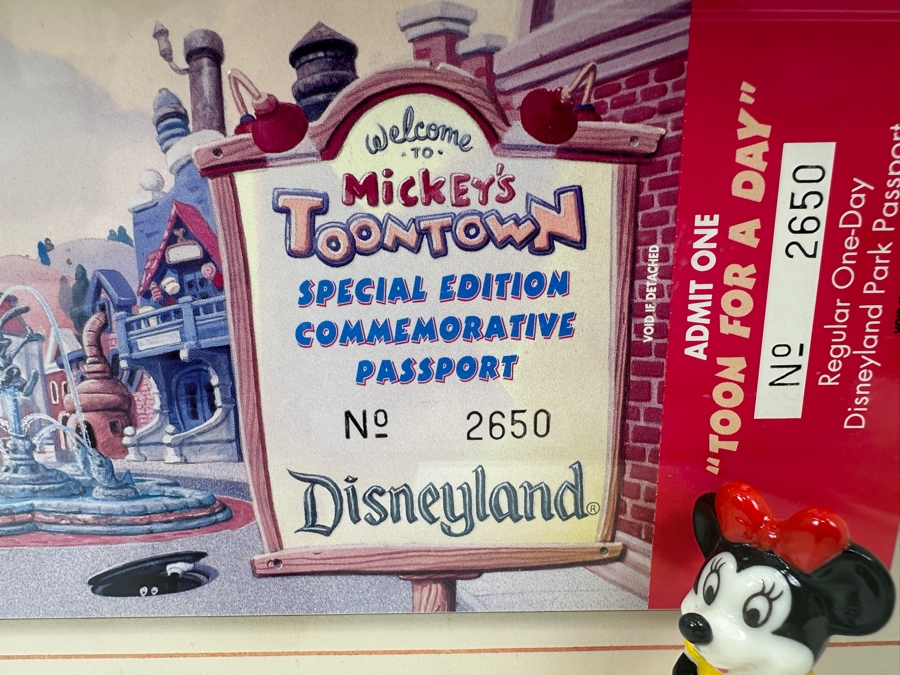 Shadowbox Framed Unused Disneyland Mickey's Toontown Special Edition Commemorative Passport Ticket With Pair Of Small Mickey Mouse And Minnie Mouse Figurines 1993 16W X 6.24H X 2D [Photo 3]